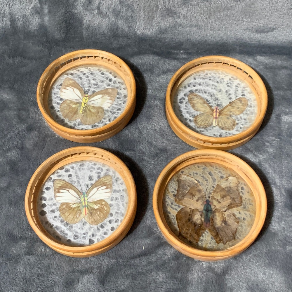 Vintage Real Butterfly Specimen Bamboo Glass Coaster Set of 4 Tan Cottage Whimsi